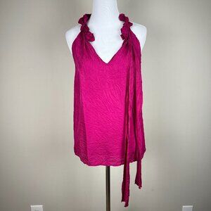 Marina Luna Top Women Medium Pink 100% Silk Ruffle Tie V-Neck Crinkle Sleeveless